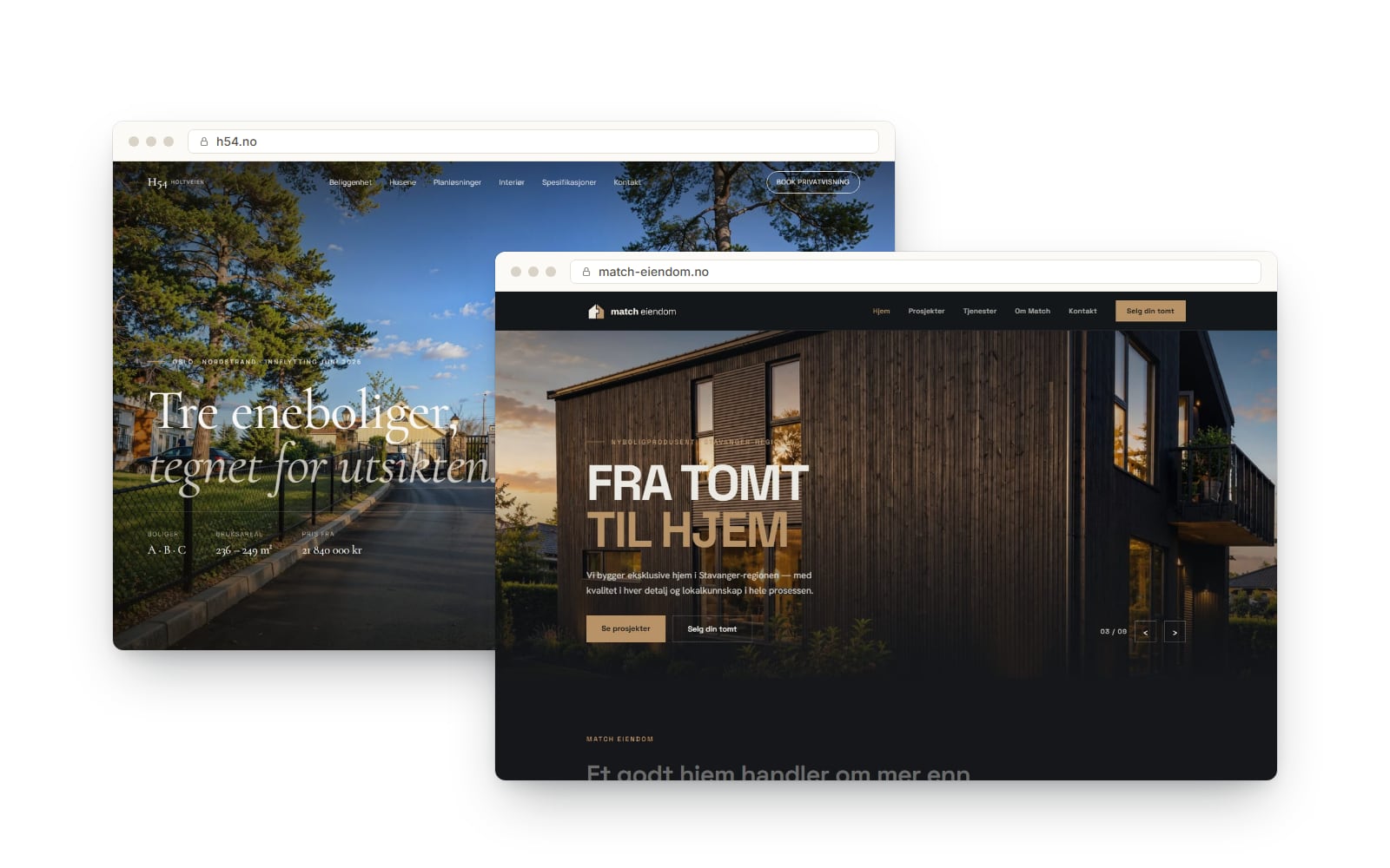 Nettsidene for Holtveien 54 og Match Eiendom vist i nettleservinduer
