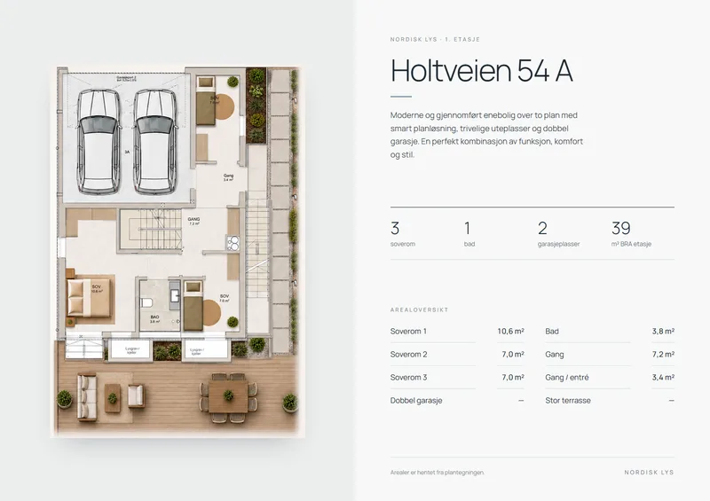 Plantegning av 1. etasje i Nordisk lys-stilen Lys, med sideinfo